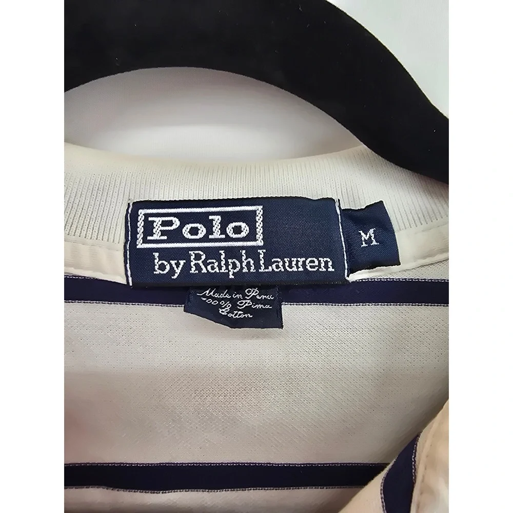 Polo Ralph Lauren Mens Long Sleeve Pima Cotton Striped Polo Shirt White Navy M